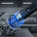 3D scanner capturing a mechanical part into a point cloud — reverse engineering workflow
