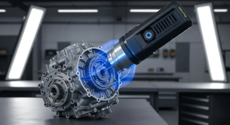 3D scanner capturing a mechanical part into a point cloud — reverse engineering workflow