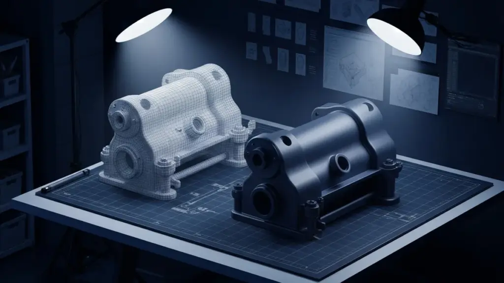 3D CAD model of a mechanical assembly shown as wireframe transitioning to solid render
