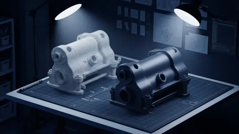3D CAD model of a mechanical assembly shown as wireframe transitioning to solid render