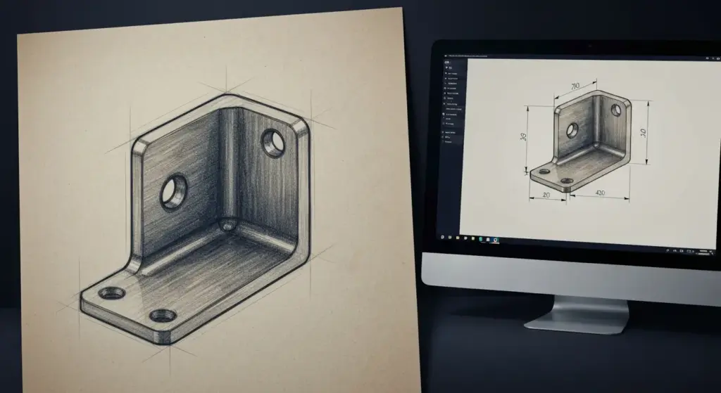 A hand-drawn pencil sketch of a metal bracket on paper beside a monitor showing the same part as a clean dimen