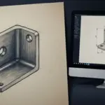 2D Sketch to CAD Drawing: How the Conversion Works A hand-drawn pencil sketch of a metal bracket on paper beside a monitor showing the same part as a clean dimen
