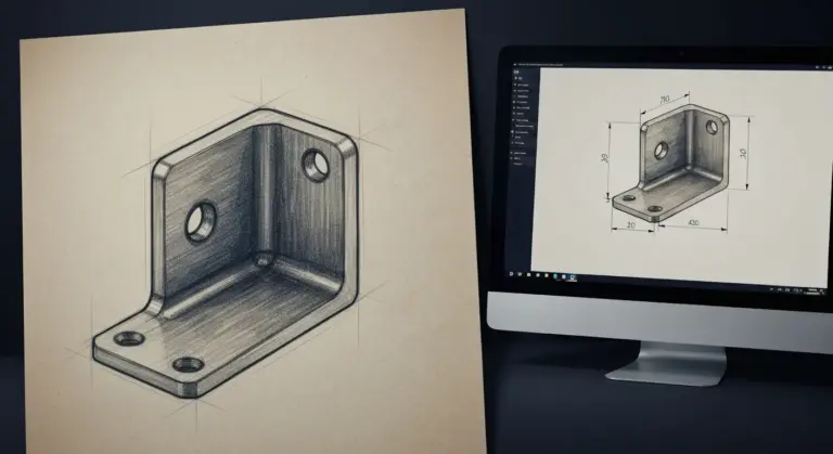 A hand-drawn pencil sketch of a metal bracket on paper beside a monitor showing the same part as a clean dimen