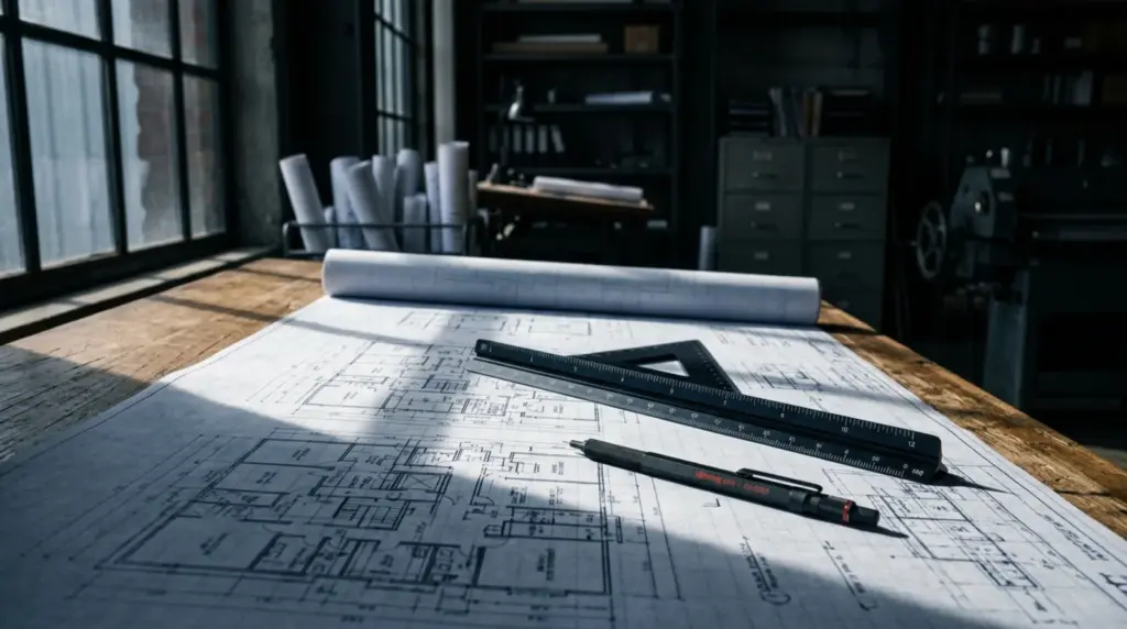 Partially unrolled technical drawing sheet with a scale rule and pencil on a drafting desk