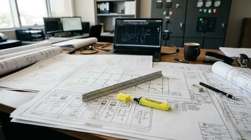 Electrical single-line diagram and switchboard layout drawings on a desk
