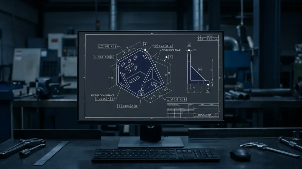 Engineering drawing on a monitor showing geometric tolerancing callouts on a machined part