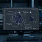 Engineering drawing on a monitor showing geometric tolerancing callouts on a machined part